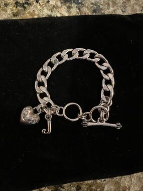 Juicy Couture Silver Chain Link Charm Bracelet with Heart and Initial J Charms